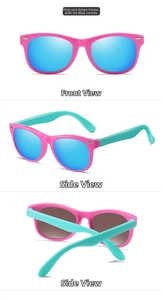 Detail view of pink and mint green kids sunglasses with ice blue polarized lenses