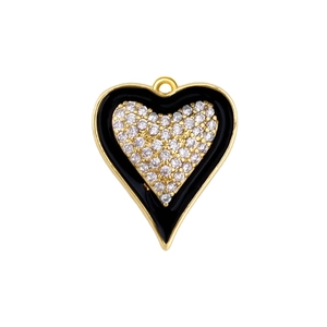 Detailed view of heart charm with black enamel and zircon inlay in gold-plated copper