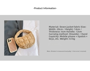 Detailed dimensions of beige quilted cloud bag showing 20x14x6cm size and texture