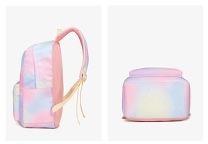 Detailed side and bottom view of the pink and blue gradient nylon school backpack