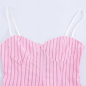 Detail of pink and white striped camisole top with white lace trim and corset style seams