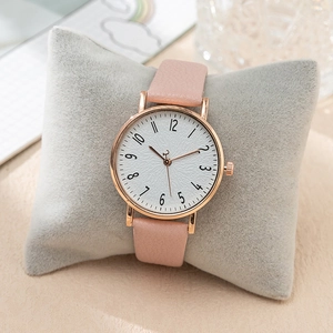 Elegant women's quartz watch with pink leather strap and rose gold round metal case