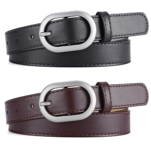 Minimalist leather belts for women in black and brown with oval silver buckles