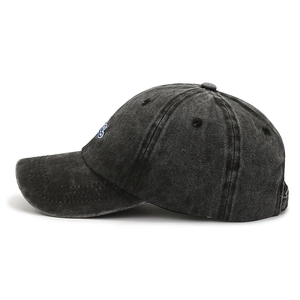 Vintage dark grey washed cotton baseball cap with side embroidery and adjustable strap