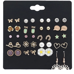 20-piece assorted earring set with pearls, rhinestones, and butterflies on display card