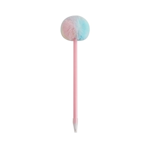 Detail of pink ballpoint pen featuring a fluffy pink and blue pom-pom top decoration