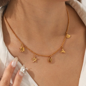 Stainless Steel Ocean Theme Necklace For Women Gold Plated Sea Turtle Starfish Shell Charms Marine Style Jewelry