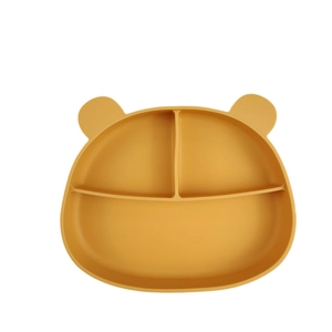 Yellow bear-shaped silicone suction plate for babies with three divided compartments