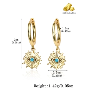 Detailed S925 sterling silver evil eye drop earrings showing 2cm length and weight dimensions
