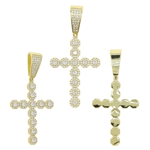 Gold iced out hip hop cross pendant with zircon stones showing front and back views