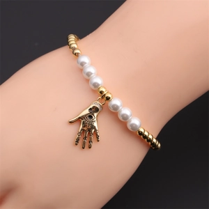 Hamsa Hand Evil Eye Bracelet Gold Plated Copper Beads White Imitation Artificial Pearl Bohemian Stretch Jewelry For Women