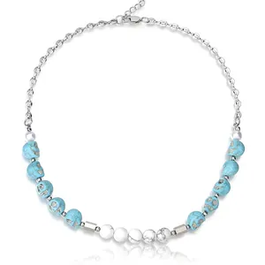 Collier Perles De Crâne Acier Au Titane Turquoise Pierre De Marbre Blanc Gothique Hip Hop Punk Streetwear Bijoux Unisexe