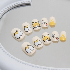 Faux Ongles Press On Petit Chien Corgi Mignon Dessin Animé Motif Cœur Os Court Rond Pour Femmes Filles