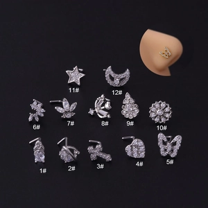 Set of 12 titanium steel nose studs with moon star flower butterfly and zircon designs