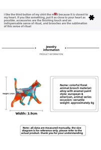 Close-up of colorful enamel cat brooch showing dimensions of 3.4cm height and 3.9cm width