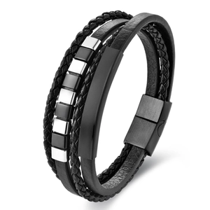 Men's multilayer black braided leather bracelet with stainless steel metal accents
