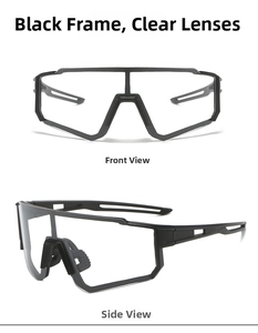 Front and side view of black frame cycling sunglasses with clear protective lenses