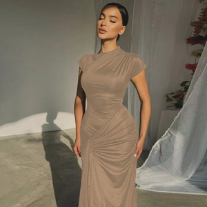 Detailed view of dark brown slim fit dress with waist ruching and silky textured fabric