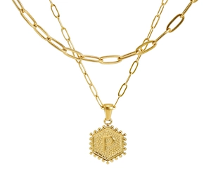 Detail of 18K gold layered paperclip chain necklace with a textured hexagon P pendant
