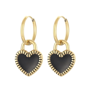 Golden stainless steel hoop earrings with double-sided black heart charms for women