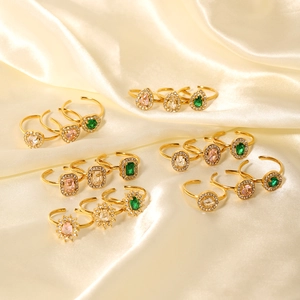 Vintage stainless steel open rings with colorful zircon in heart and floral designs