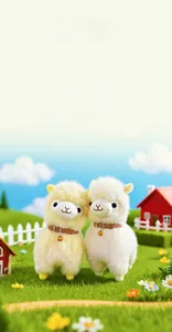 Close-up of white and yellow alpaca plush toys with bells in a miniature farm scene