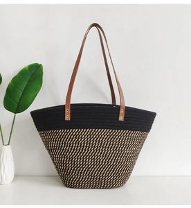 Close-up of contrast woven tote bag with natural texture and brown leather straps