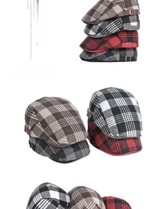 Detail of plaid beret hat showing wool blend texture and side metal adjustment buckle