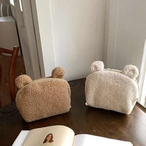Cute Plush Makeup Bag With Bear Ears Teddy Fleece Cosmetic Pouch Large Capacity Zipper Storage Bag For Travel Women