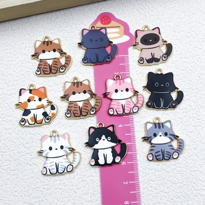 Set of 9 cute cartoon cat enamel metal charms for DIY jewelry making with ruler scale