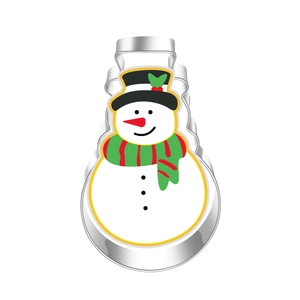 Detail view of snowman-shaped stainless steel cookie cutter with festive colorful illustration
