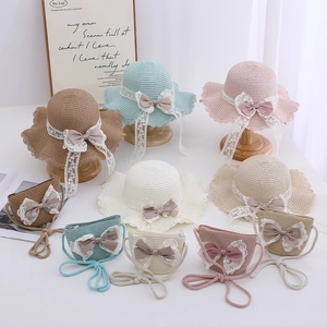 Kids straw hat and bag set with lace trim and bows in five pastel summer colors