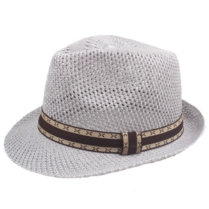 Light gray breathable knitted fedora hat with brown ribbon for summer sun protection