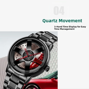Macro shot of men's racing quartz watch featuring a 3D wheel rim dial and red brake caliper