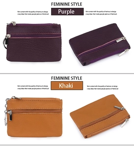 Dual-zipper pebbled leather coin purse in purple and khaki with metal keychain