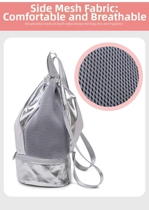 Silver drawstring gym bag with breathable mesh section and waterproof metallic fabric