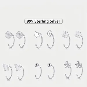 S999 Fine Silver Earring Studs Hypoallergenic Minimalist Butterfly Star Moon Heart Daisy Flower Women Jewelry