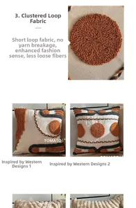 Close-up of tufted ethnic geometric pillow cover with warm caramel and grey tassel details