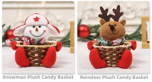 Detail of Christmas candy baskets with cute snowman and reindeer plush characters