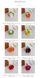 Mini vegetable acetate hair claw set featuring carrot and cabbage with size dimensions
