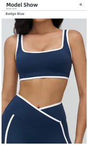 Detail of high-waist V-cut leggings and bra set in insignia blue with contrast white piping