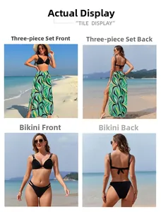 Three-piece beach set featuring a black bikini and green swirl print wide-leg cover-up pants