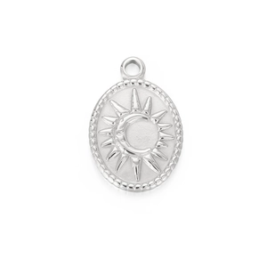 Oval stainless steel pendant featuring sun and moon relief with textured border