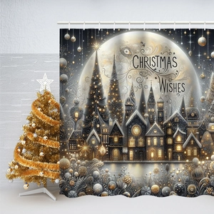 Détail du rideau de douche de Noël avec nuit étoilée et scène de ville festive dorée