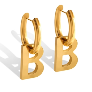 Exaggerated geometric gold B letter drop earrings in polished stainless steel for women