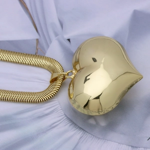 Golden 18k gold plated heart pendant necklace with flat snake bone chain for women