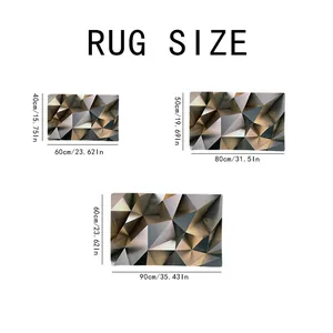 Size guide for 3D geometric absorbent rug showing small medium and large dimensions