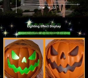 Detail view of 92cm Halloween pumpkin prop with green LED eyes and spinning function