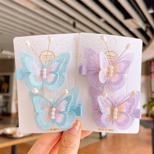 Handmade embroidered butterfly hair clips with pearls for girls in blue and purple