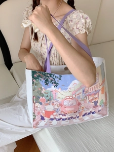 Grand sac cabas en toile blanche avec imprimé lapin mignon et anses violettes